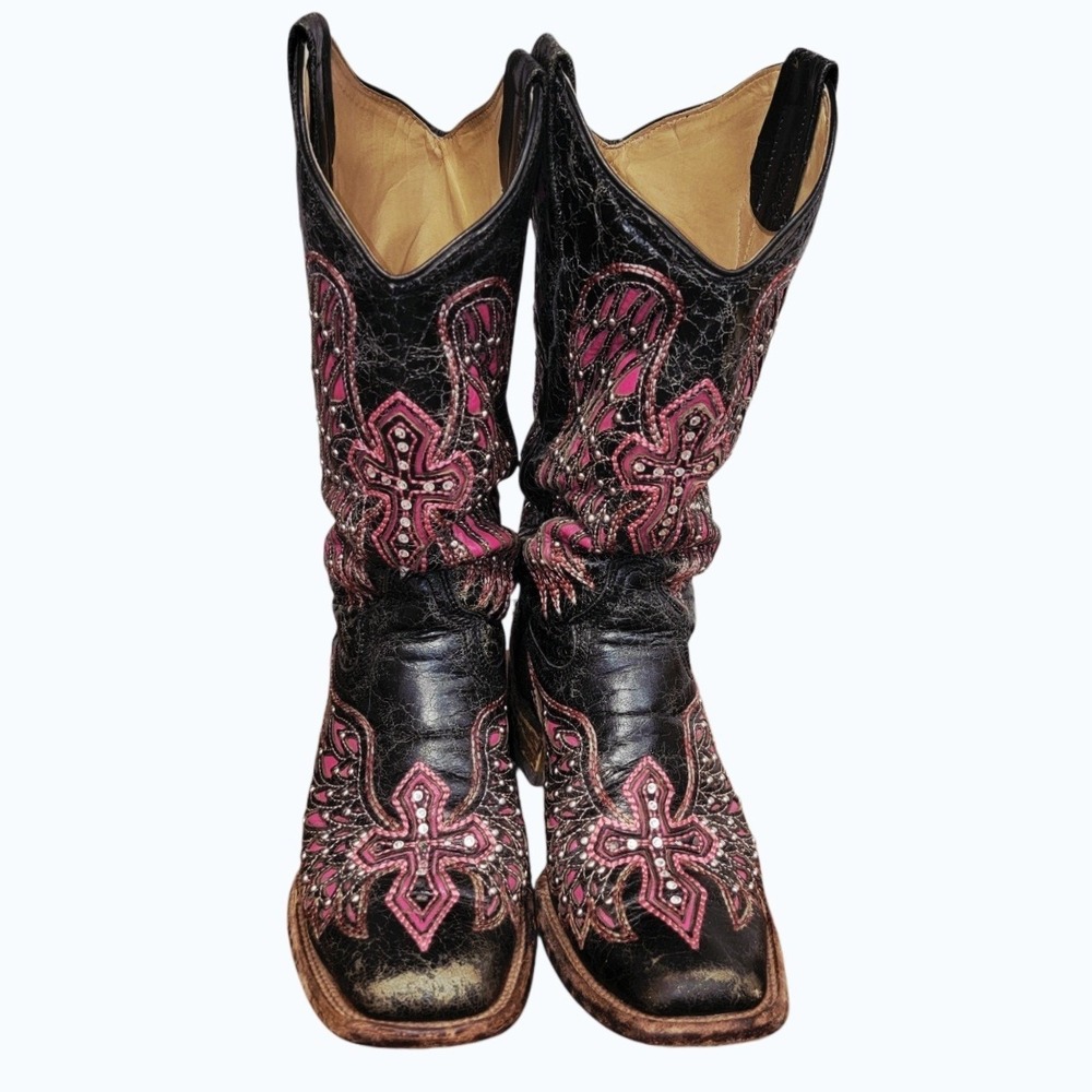 Corral A1163 Women's Size 8.5M Black Pink Cross Wing Studded Western Boots